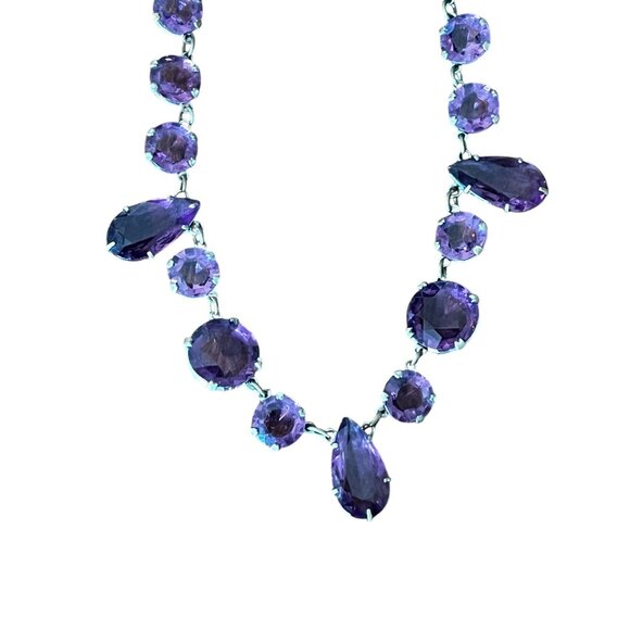 Amethyst Colored Rivière Necklace With Teardrop Accents 15” Glass Crystal - Picture 6 of 12
